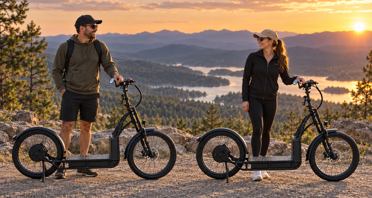Two riders with scooters overlooking a mountain lake at sunset