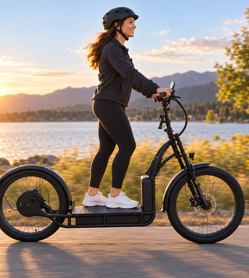 Rider on an NF scooter by the lake at golden hour